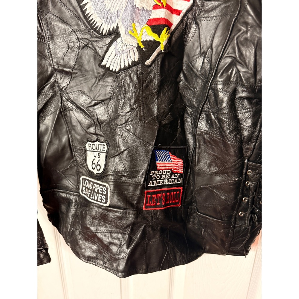 Diamond Plate Buffalo Leather Biker Jacket Mens XL Patchwork Live To Ride Eagle - Picture 8 of 15